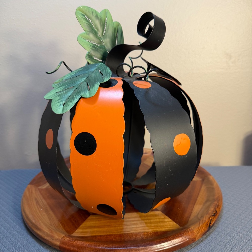 Metal Polka Dot Pumpkin Halloween Fall Decor Orange Black Scalloped 8 Inch